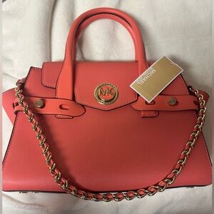NWT MICHAEL KORS CARMEN LEATHER BELTED SATCHEL IN PINK GRAPEFRUIT